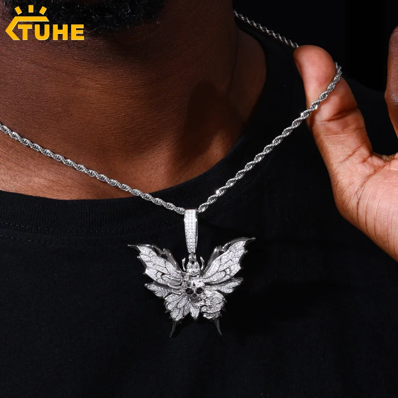 TUHE Iced Out Cubic Zirconia Skull Butterfly Pendants Necklace Gothic Punk Skeleton Claw Charm for Man Hip Pop Jewelry