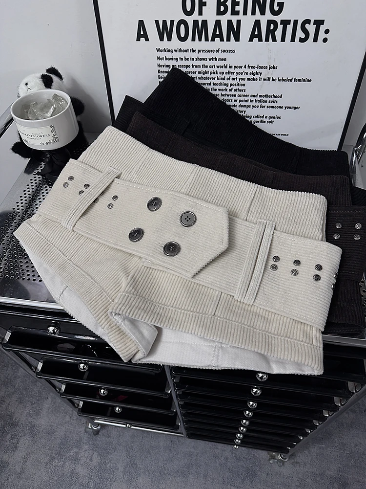 

Cool Spicy Sle Women's ort Pants Button Decoration Low Waist Wide Belt No Stretch Corduroy Pants Sensation Girl orts