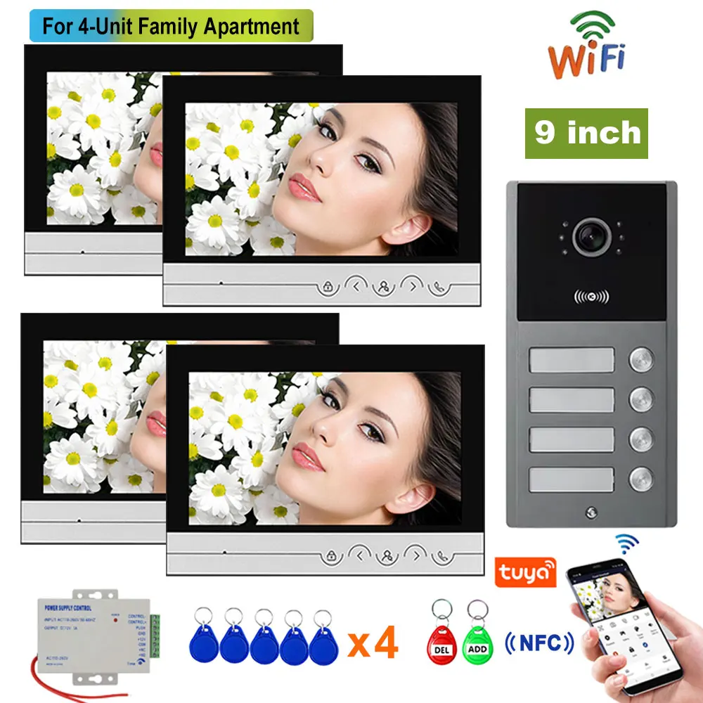 

9 inch Tuya WiFi Video Doorphone Intercom System Home 4 Wire 1080P Video Doorbell for 2/3/4 Unit Apartments RFID NFC APP Unlock