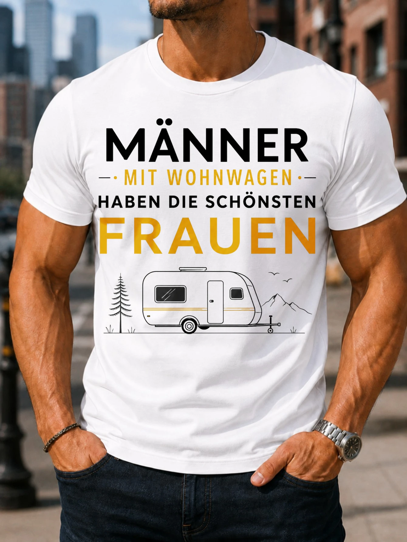 German Caravan Clean Manner Mit Wohnwagen Lettering Simple Camper Outline And Mountain Details  Unisex All T-Shirt