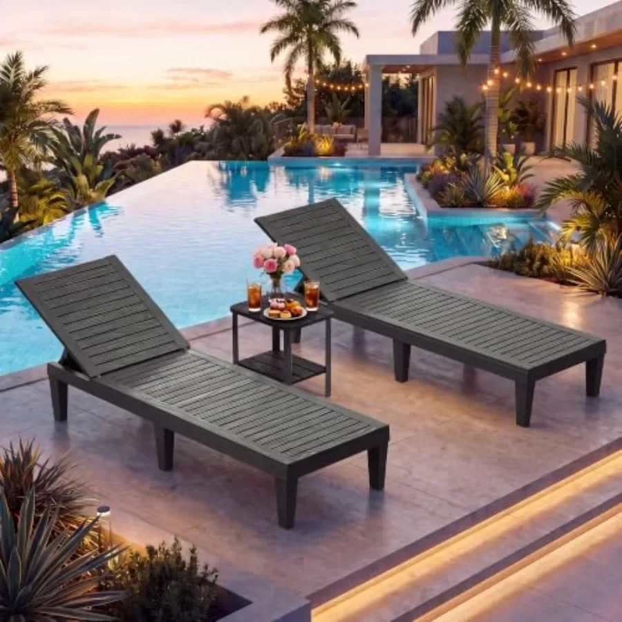 Outdoor chaise lounge chairs set for patio use, powder-coated steel frame in black color, weather-resistant and foldable design