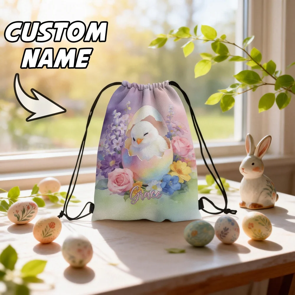 1Pc Customizable Easter Chick Drawstring Bag, Add Your Name for Egg Hunts, Gift Bags & Outdoor Activities, Pastel Floral Design