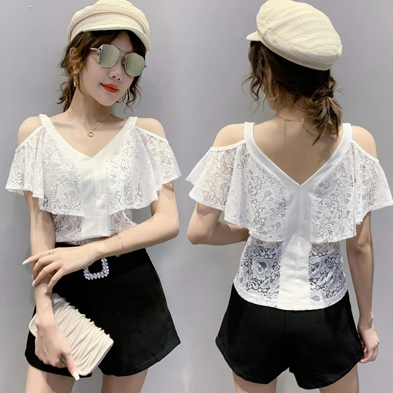 Lady Fashion Sexy Lace Splicing Black Off Shoulder T Shirts for Women Clothing Girls Vintage Tops Female Woman Nice Clothes 2