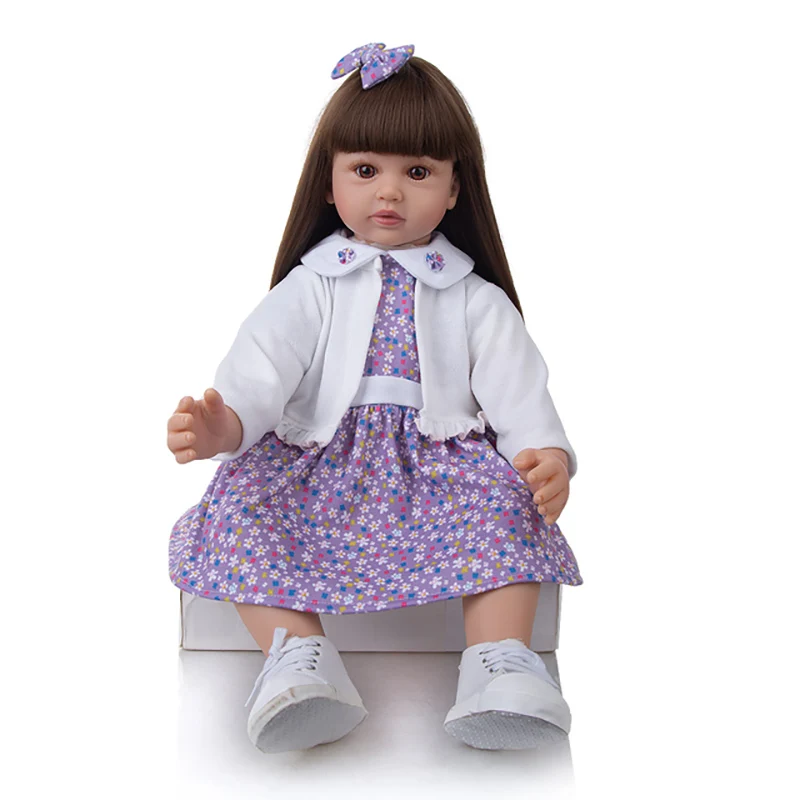 

New Arrival Long Brown Hair and Golden Hair Reborn Baby Doll Purple Floral Dress Soft Touch Baby Girl Dress Christmas Gifts