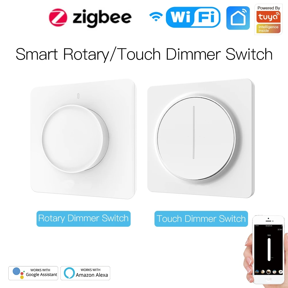 Tuya WiFi ZigBee Smart Dimmer Switch Touch/Rotary Dimming Panel Wall Switch Smart Lamp Brightness Control Work with Alexa Google