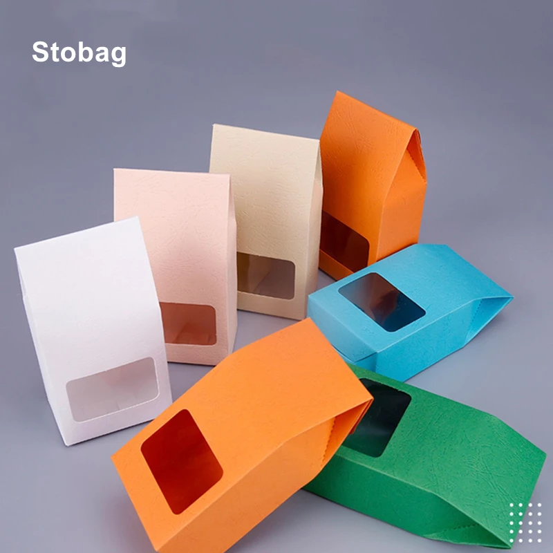 StoBag 5pcs Kraft Paper Food Gift Package Bags With Clear Window Sealed Reusable Biscuits Candy Tea Handmade Soap Box Favors