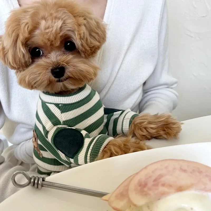 

Pet Dog Green Striped Clothes Summer Thin Teddy T-shirt Bichon Animal Embroidery Vest Pomeranian Casual Bottom Shirt