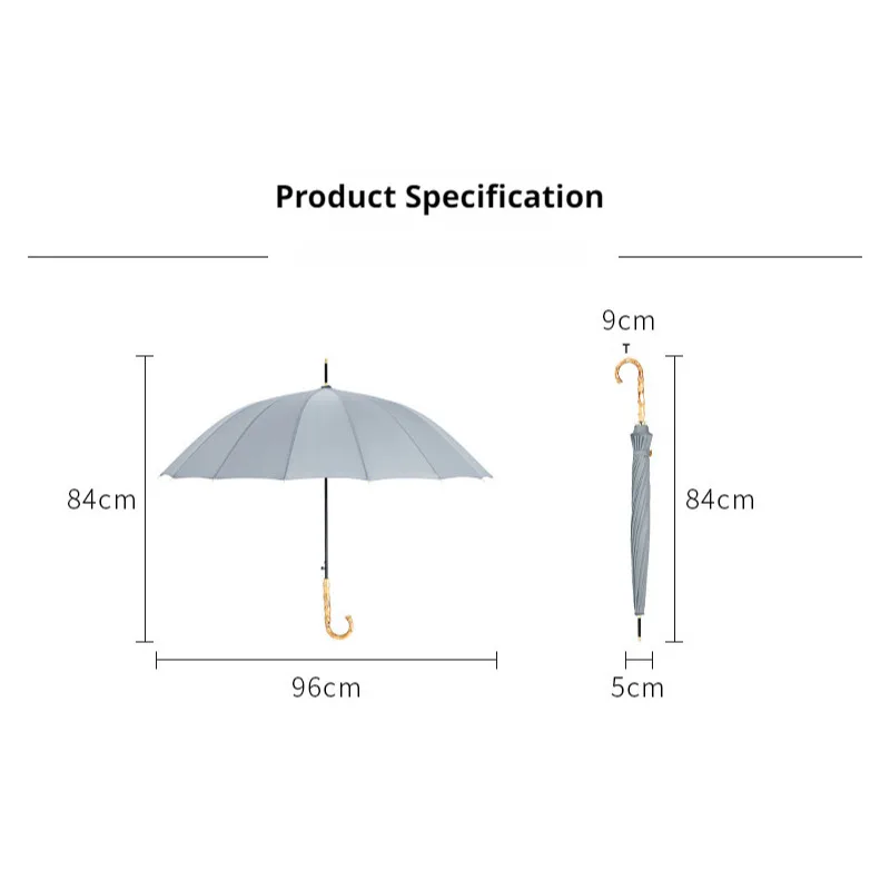 16-Bone Premium Feeling Solid Color Wind Resistant Large Long Handle Straight Umbrella Bamboo Handle Vintage Simple Umbrella