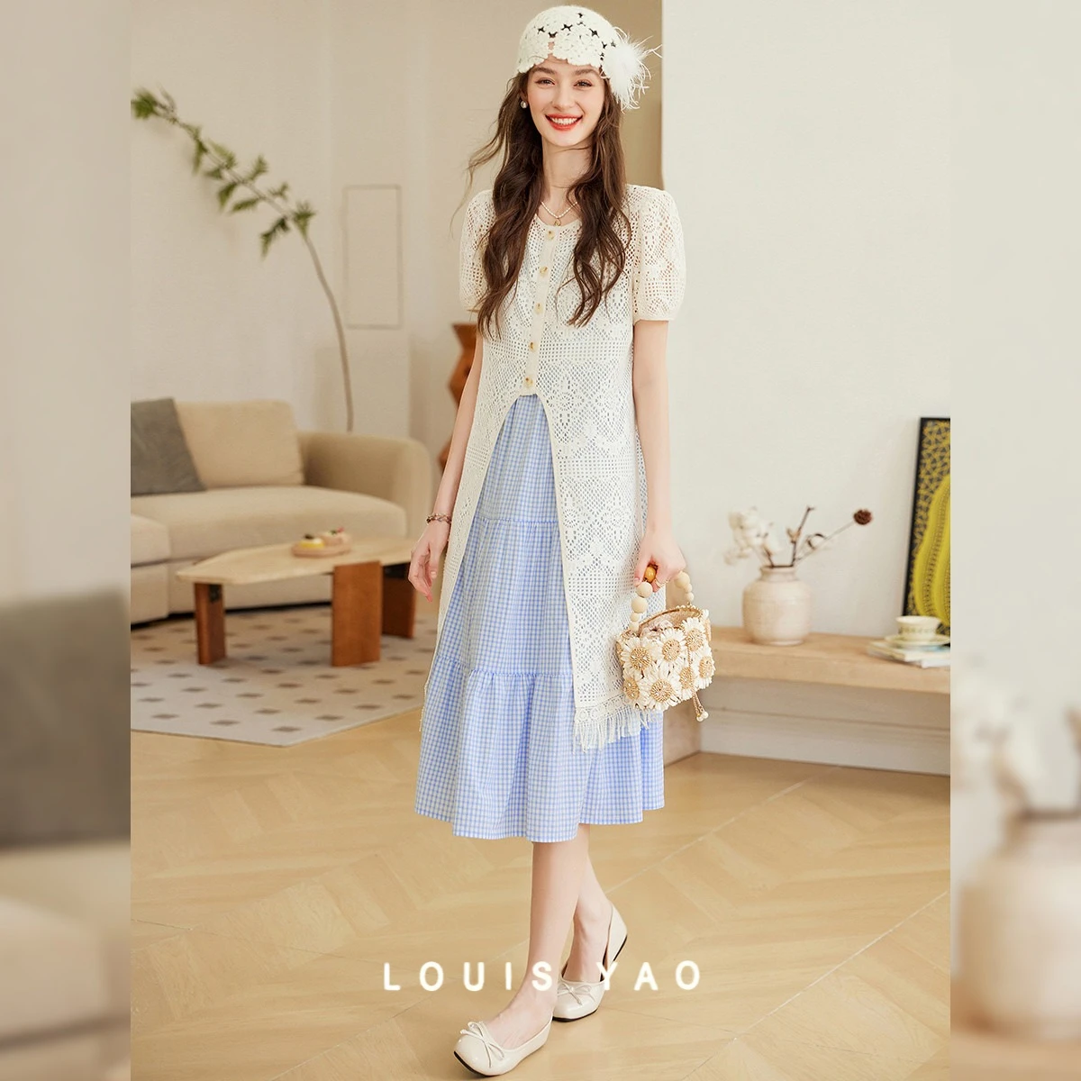 

Age-Reducing Vacation Style Two Piece Dress Set Sweet Retro Hollow Short Sleeve and Strap Dresses Linen Woven Women's Set 2025