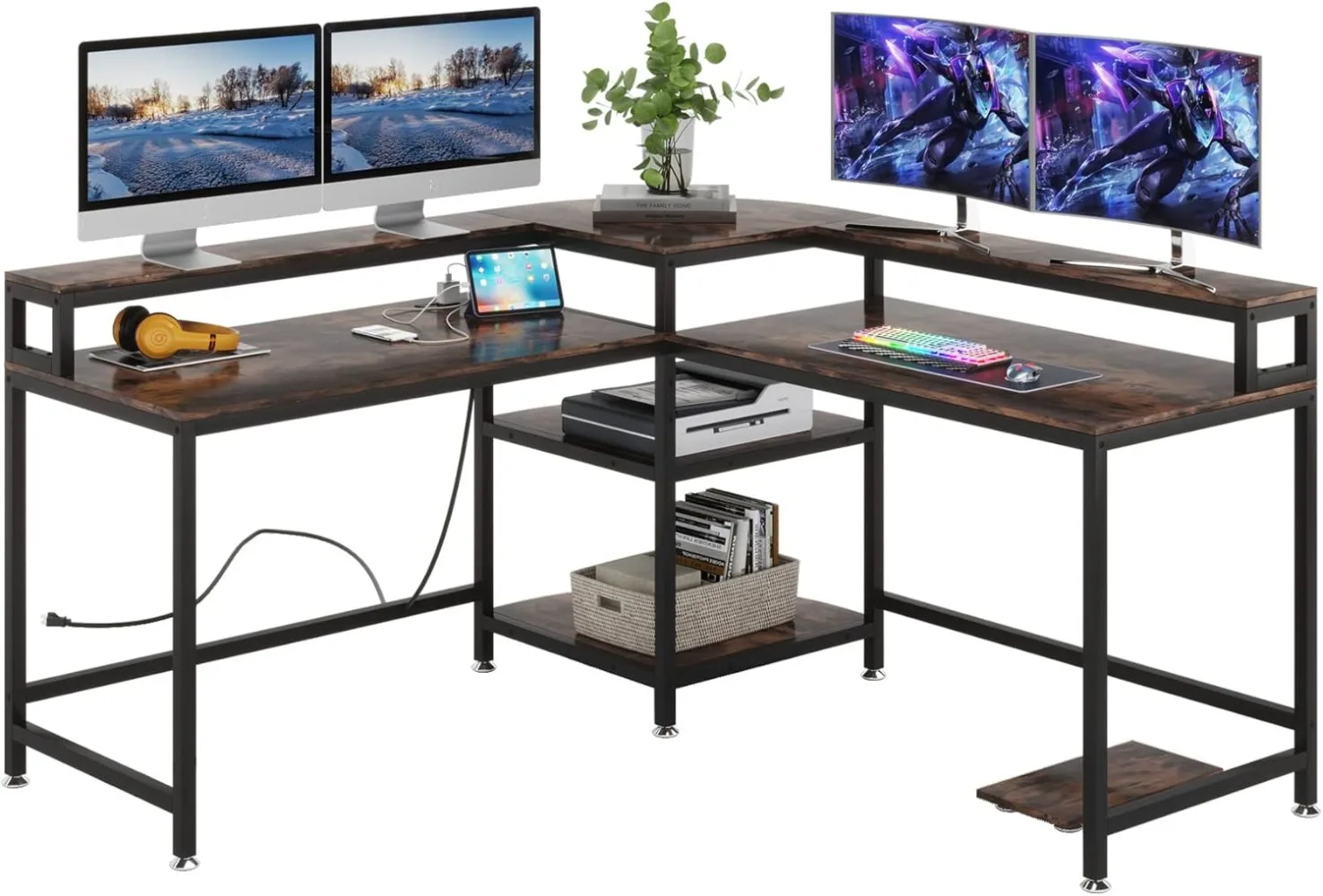 TIYASE L Shaped Desk with Power Outlet and USB Port, 59 in L-Shaped Computer Corner Desk with Storage Shelves, Home Office Desk