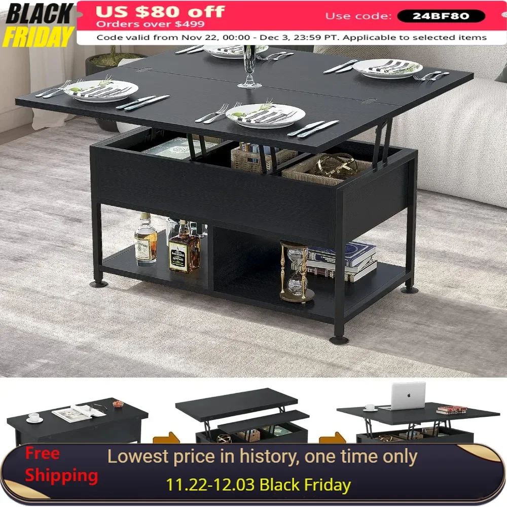 Lift Top Coffee Table, 19.7'', 4-in-1 Multifunctional with Hidden Compartments, Modern Lift Top Dining Table, Side Table