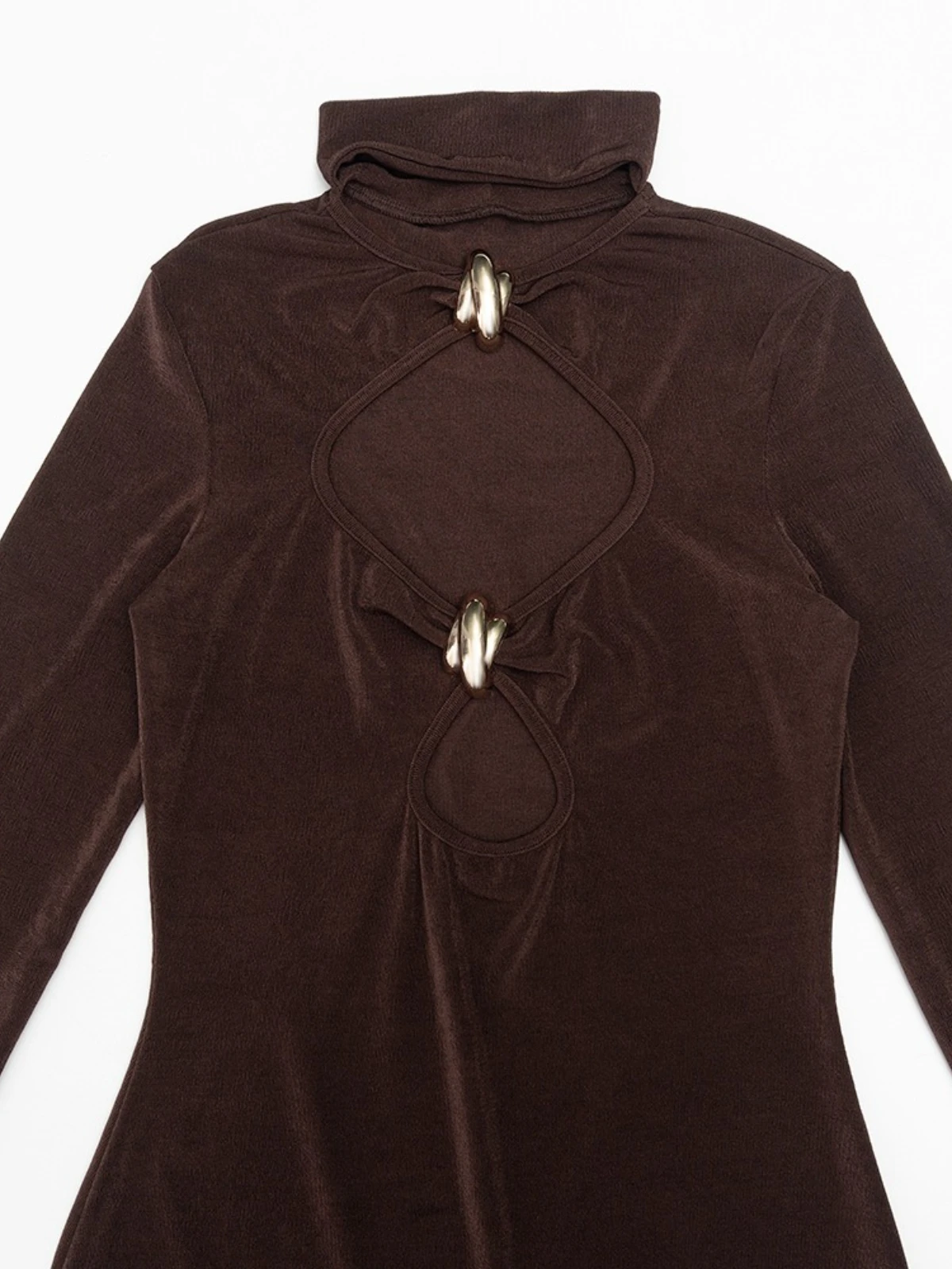 SsTss Sexy Hollow Out Bodycon Mini Dress for Women Elegant Turtleneck Metal Ring Long Sleeve Slim Fit Cut Out Club Party Dress