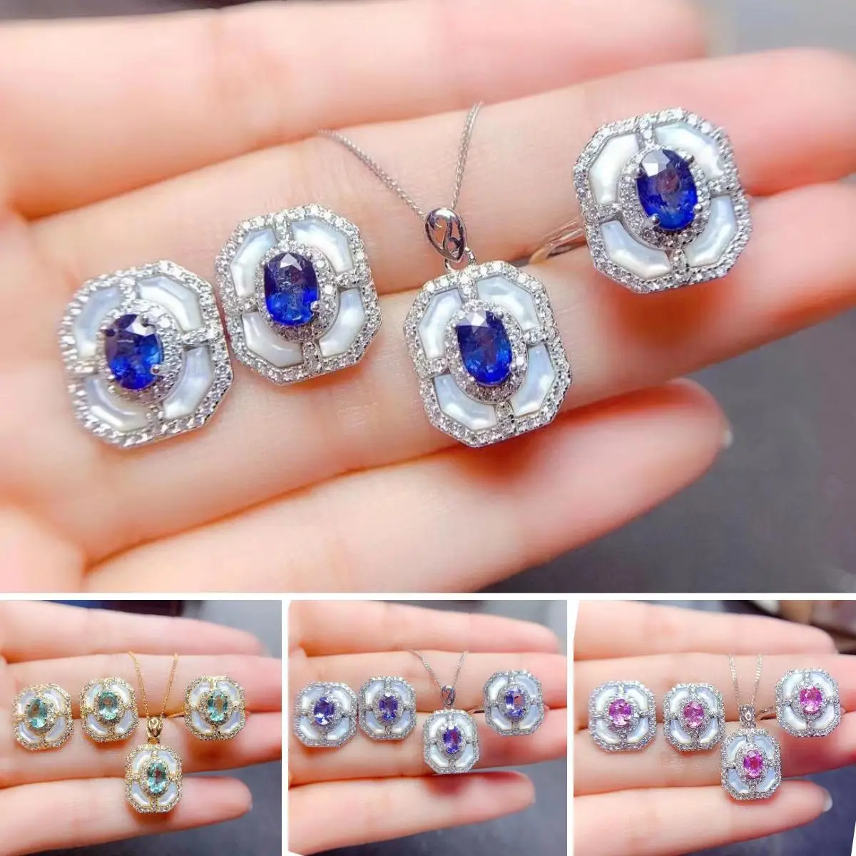 

FS Natural Sapphire/Apatite/Tanzanite Shell Set S925 Sterling Silver Gem Fine Fashion Women's Weddings Jewelry MeiBaPJ