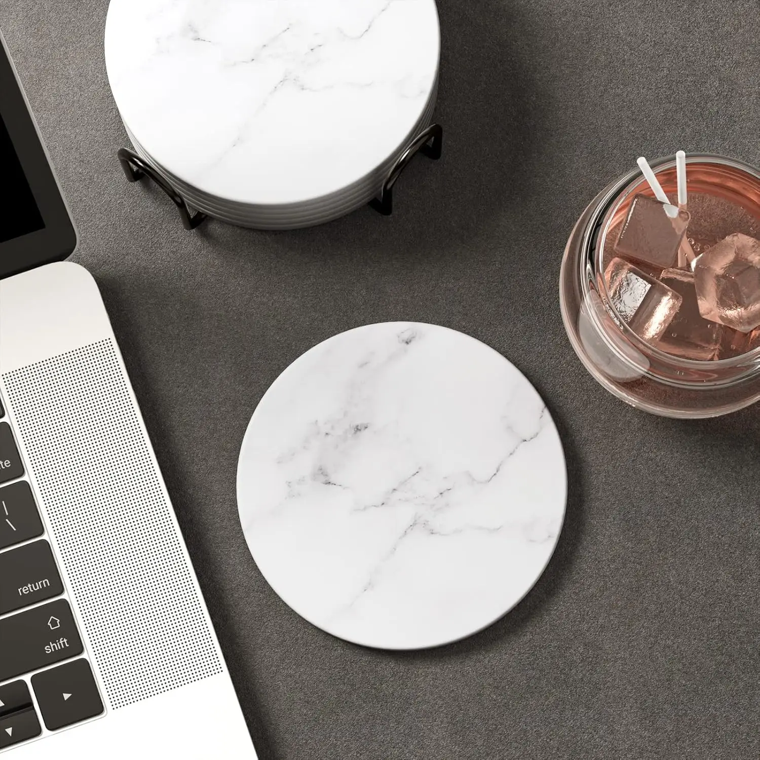 1/6 Pcs Ceramic Coasters Marble Style with Holder Absorbent Drink Coaster for Kinds of Cup Bar Kitchen Wooden Dining Table Decor