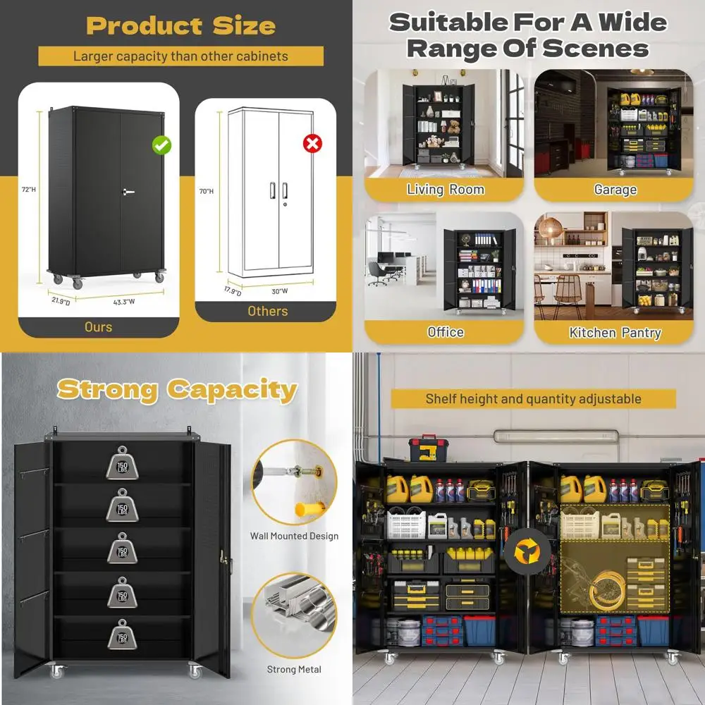 

72 High-Capacity Rolling Garage Storage Cabinet with Lockable Door, Adjustable Shelves, and Pegboards