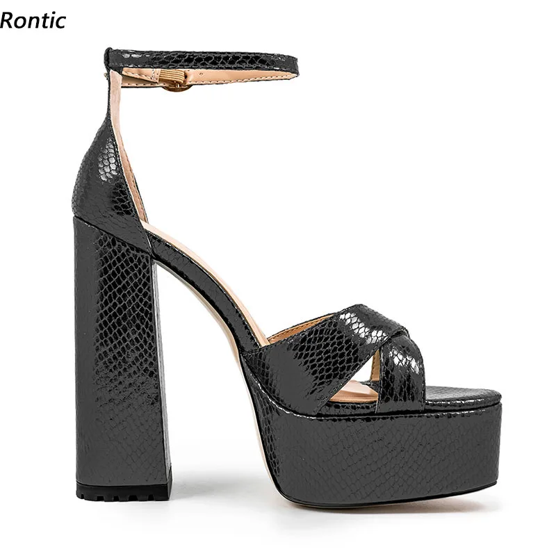 

Rontic/женские сандалии ручной работы на платформе со змеиной пряжкой и ремешком, элегантная черная повседневная обувь на высоком каблуке с открытым носком, размер США 5-13