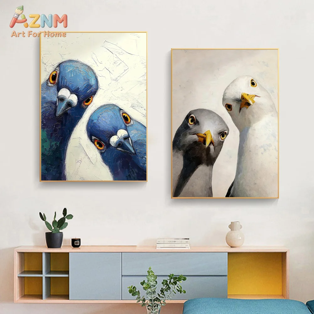 AZNM Thick Texture Pigeon Seagull Canvas Wall Art Print, Funny Close Up Bird Portrait Abstract Oil Painting Style Modern Living
