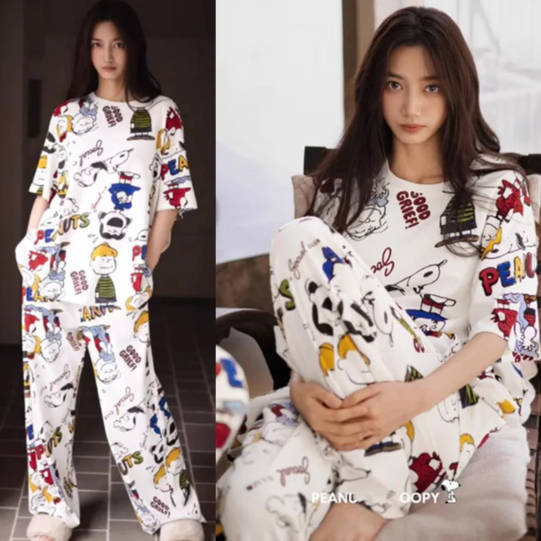 novo-conjunto-de-pijamas-femininos-snoopy-para-o-verao-estilo-coreano-solto-e-casual-com-estampa-de-desenho-animado-manga-curta-e-calcas-longas-confortaveis-para-meninas-roupas-para-uso-em-casa-presentes