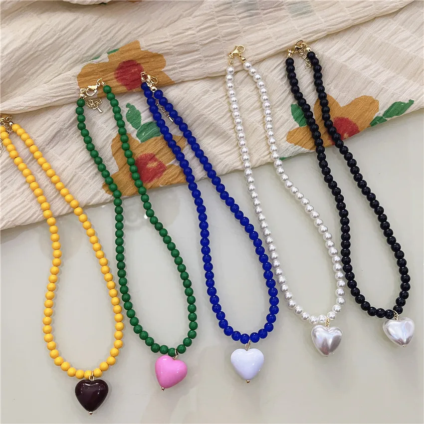 Necklace Candy Color Heart Beaded Faux Pearl Korean Sweet Cute Women Choker Elegant Chic Lightweight Daily Party Travel Gift