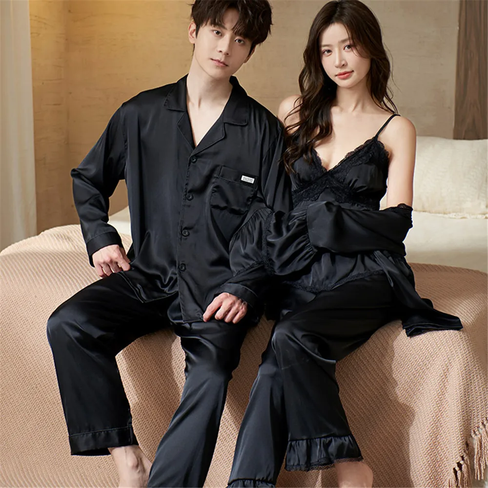 

Couple Men Pajamas Suit Spring Autumn Satin Ice Silk Sleepwear Classic Women Robe Sling Pants Loungewear Thin Homewear