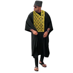 African Agbada Suits Men Soft Material Embroidery Design Three Pcs One Set Long Sleeve