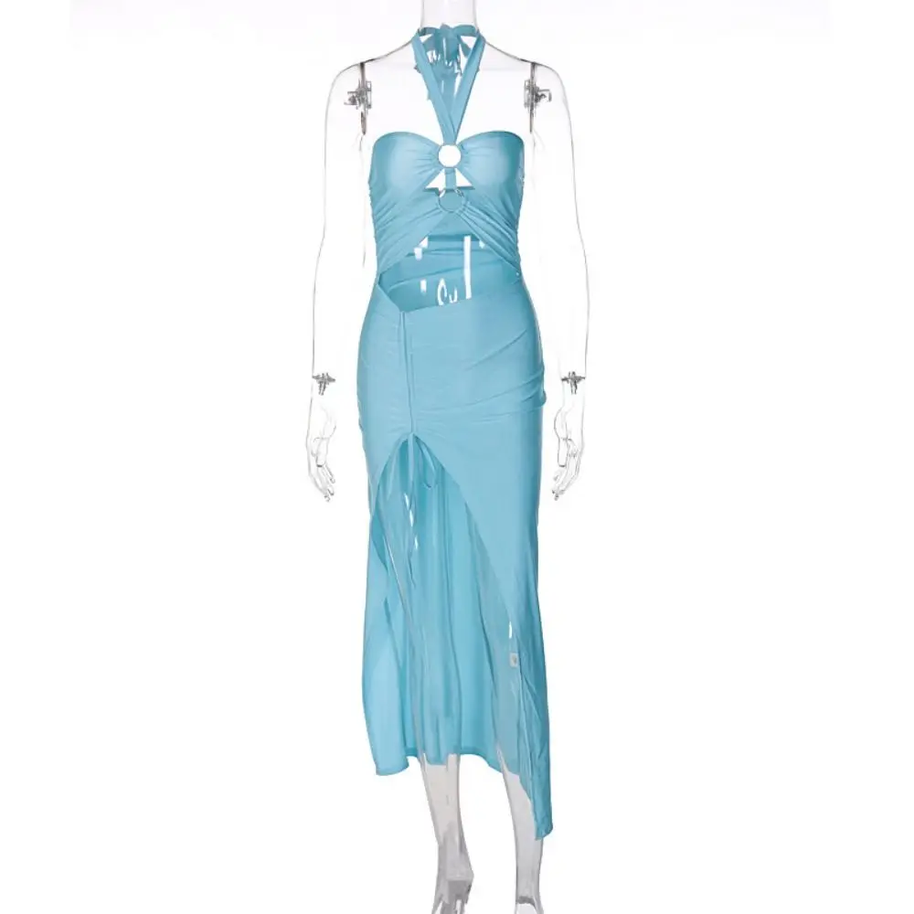 Neckholder-Kleid für Damen, ärmellos, geteilt, schmale Passform, hohes Schlitzkleid, rückenfrei, ärmellos, hohl, rückenfrei, schmal geschnittenes Kleid