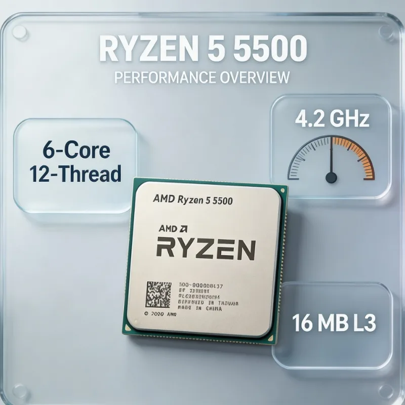 Processador de CPU para Desktop Ryzen 5 5500, 6 Núcleos, 12 Threads, 7NM, 65W TDP, L3 16MB, Socket AM4, DDR4 para PC Gamer Sem Ventoinha