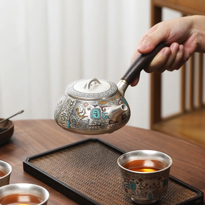 999 Pure Silver Liner Enamel Gongfu Tea Set, 1 Pot 4 Cups, Taotie Pattern Side-handle Teapot, Luxury Collectible Chinese Tea Set view 2