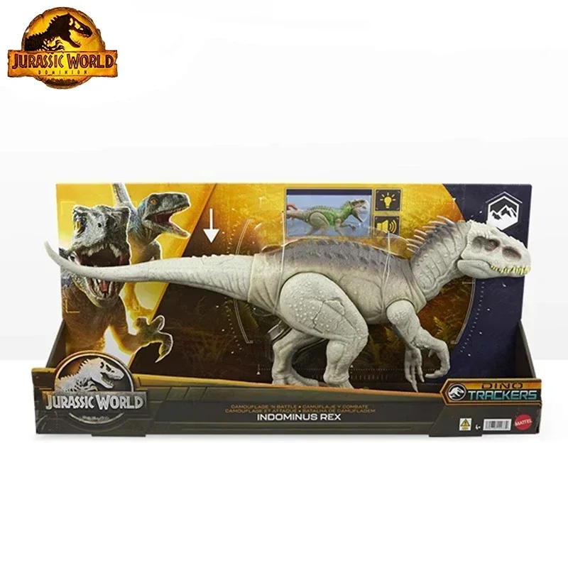 Original Mattel Jurassic World Dinosaur Figures Dino Trackers Indominus Rex with Sound and Light Toys for Boys Birthday Gift