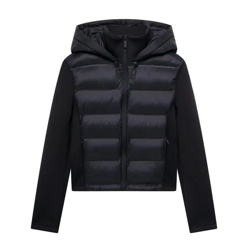 Chaqueta acolchada negra para mujer, chaqueta informal versátil con cuello con capucha y cremallera frontal de retales, abrigo para mujer, ropa de abrigo superior cálida
