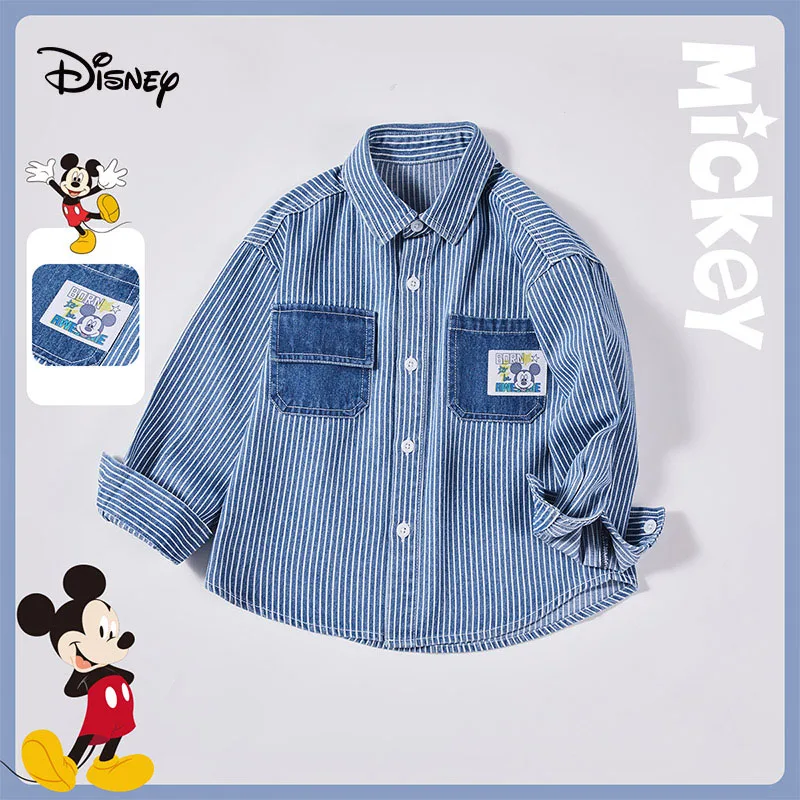 

Disney Girls' Denim Shirt Spring Autumn New Mickey Mouse Cute Cartoon Pattern Splicing Coats Boys' Long Sleeve Pocket Tops