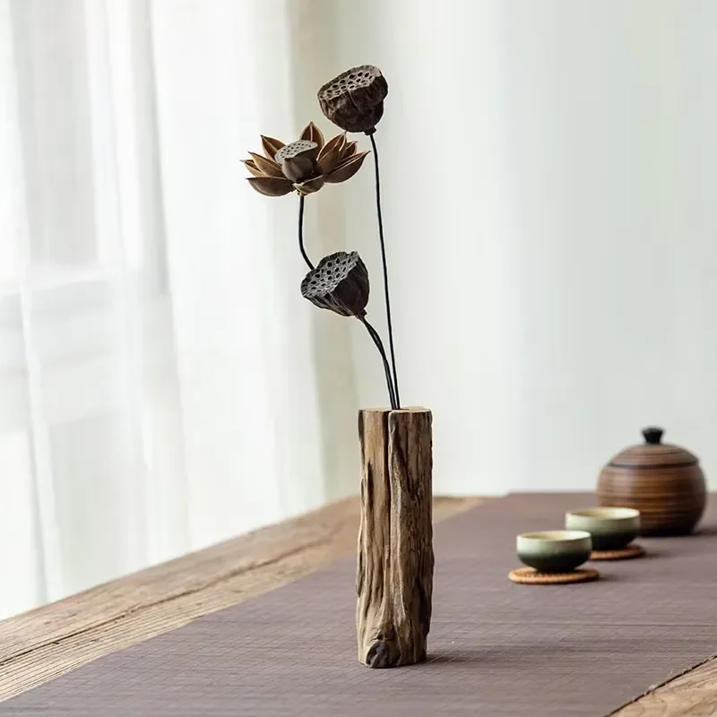 Chinese Retro Zen Style Solid Wood Dried Flower Vase Bamboo Tea Room Coffee Table Wooden Ornament Interior Home Decoration