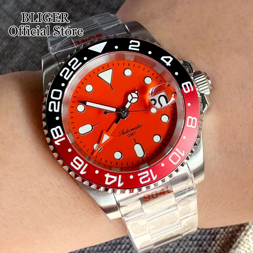 

BLIGER 200M Waterproof 40mm Orange Black Dial NH34 GMT Automatic Diver Swim Watch For Men Brushed Bracelet Date Magnifier