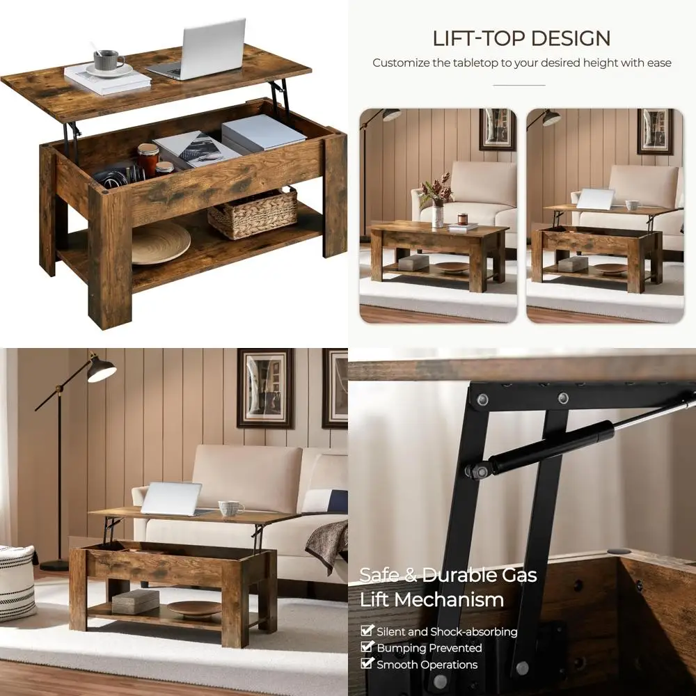 

Vintage Lift Top Coffee Table with Storage Shelf, Large Hidden Storage, Dining Table for Living Room