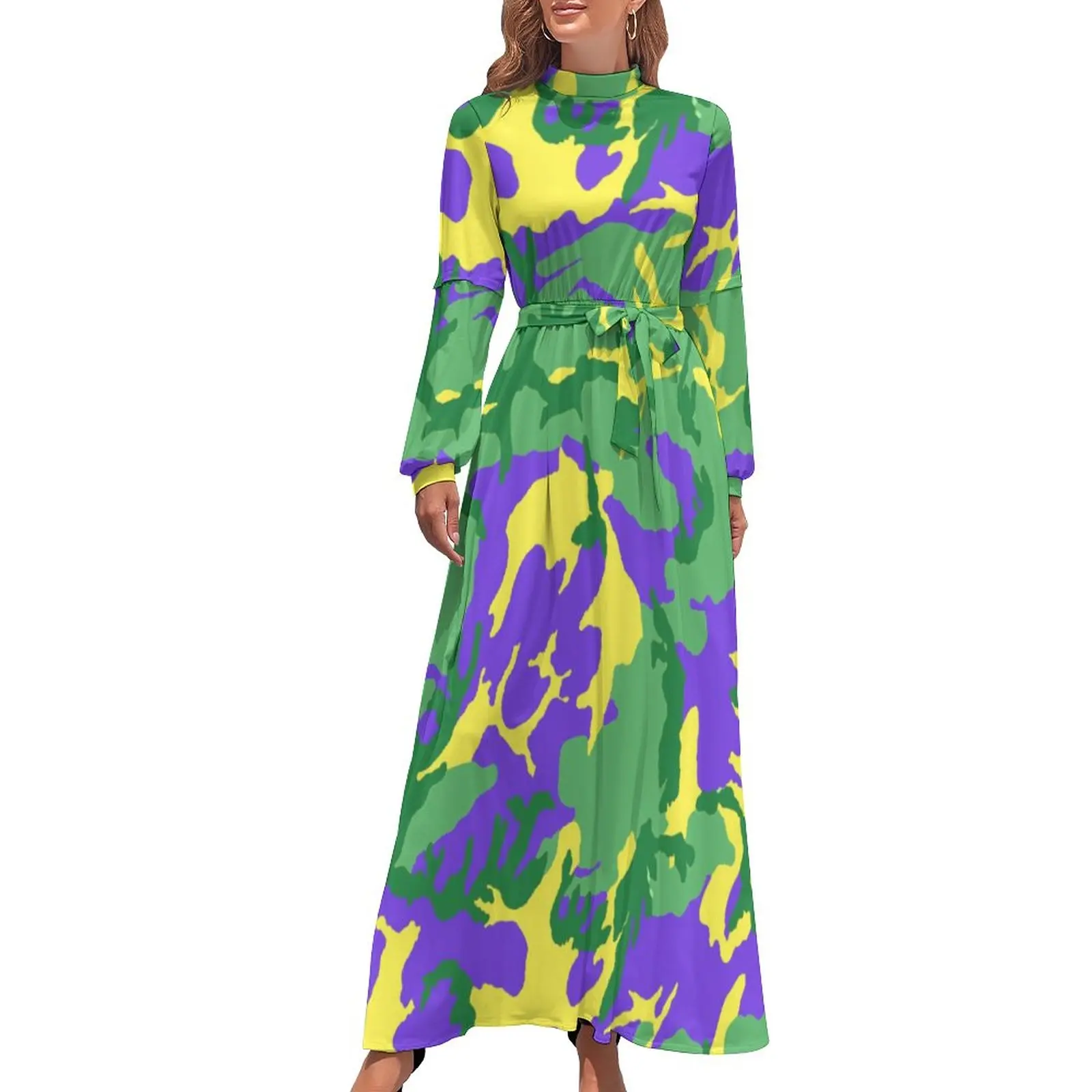 Mardi Gras Camo Dress Colorful Camouflage Street Wear Boho Beach Dresses Ladies Long-Sleeve High Neck Party Long Maxi Dress