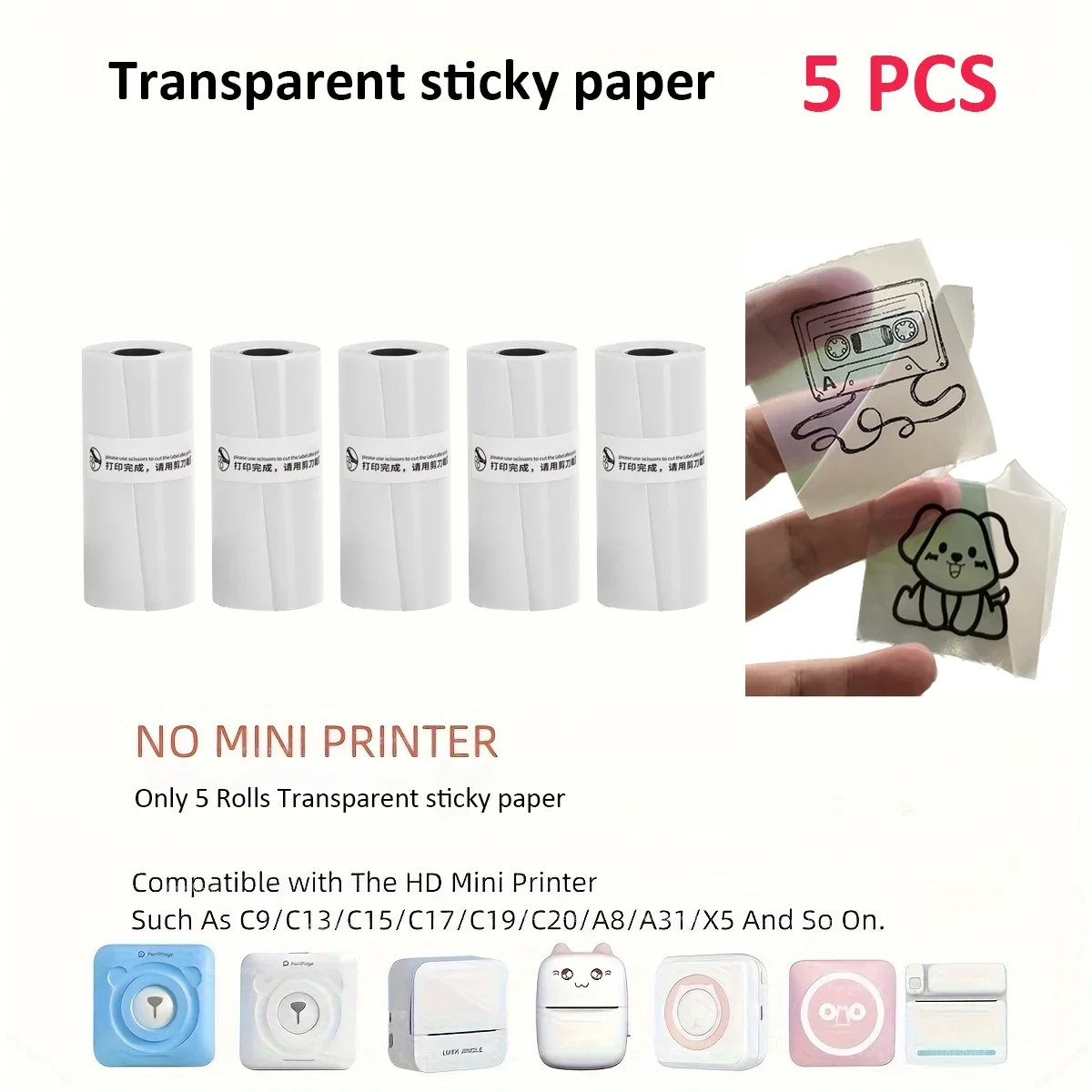 5 Rolls Transparent Thermal Self-Adhesive Paper, 57x25mm Used For Micro Thermal Printer Photo Printing Paper For Memo Scrapbook