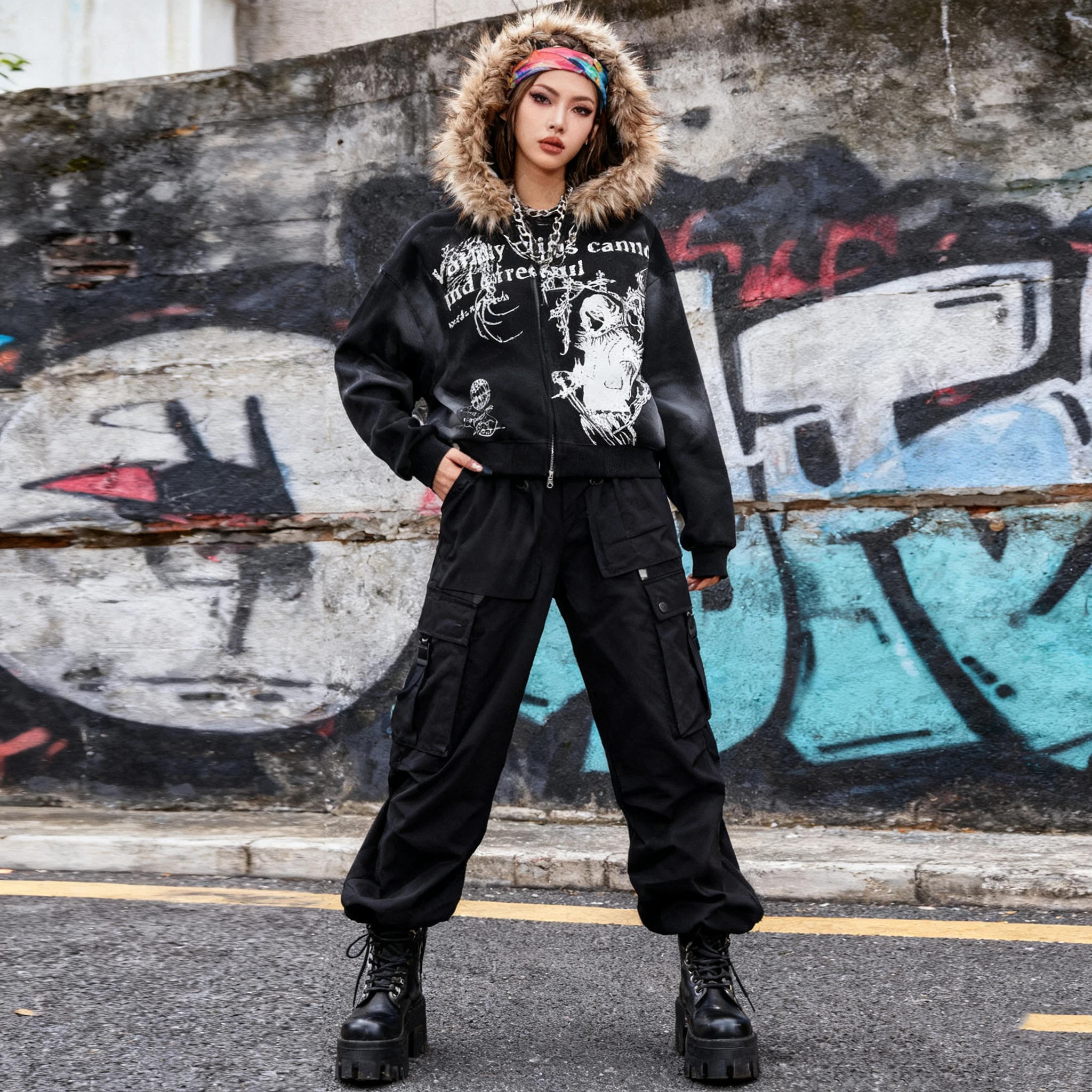 

2025 Autumn Winter Women's Faux Fur Hooded Sweatshirt - Gothic Graphic Print Street Punk Style Loose Casual Hoodie Y2K EMO