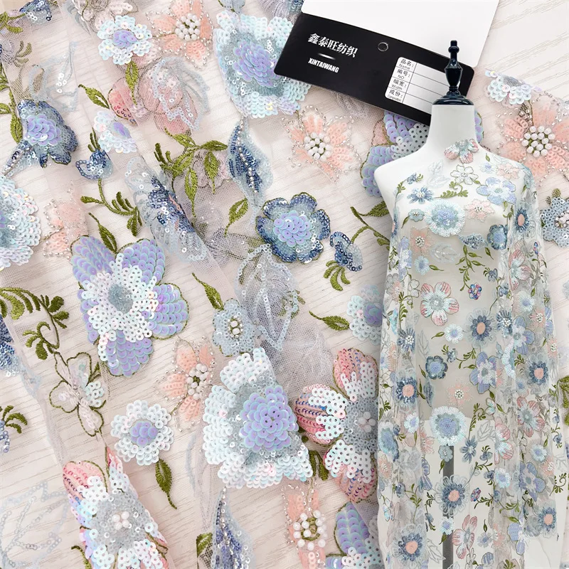 

1yard Show Performance Material gauze bead piece fabric Multi colored flower Sequin Diy Decorate Style Fabric for wedding dress