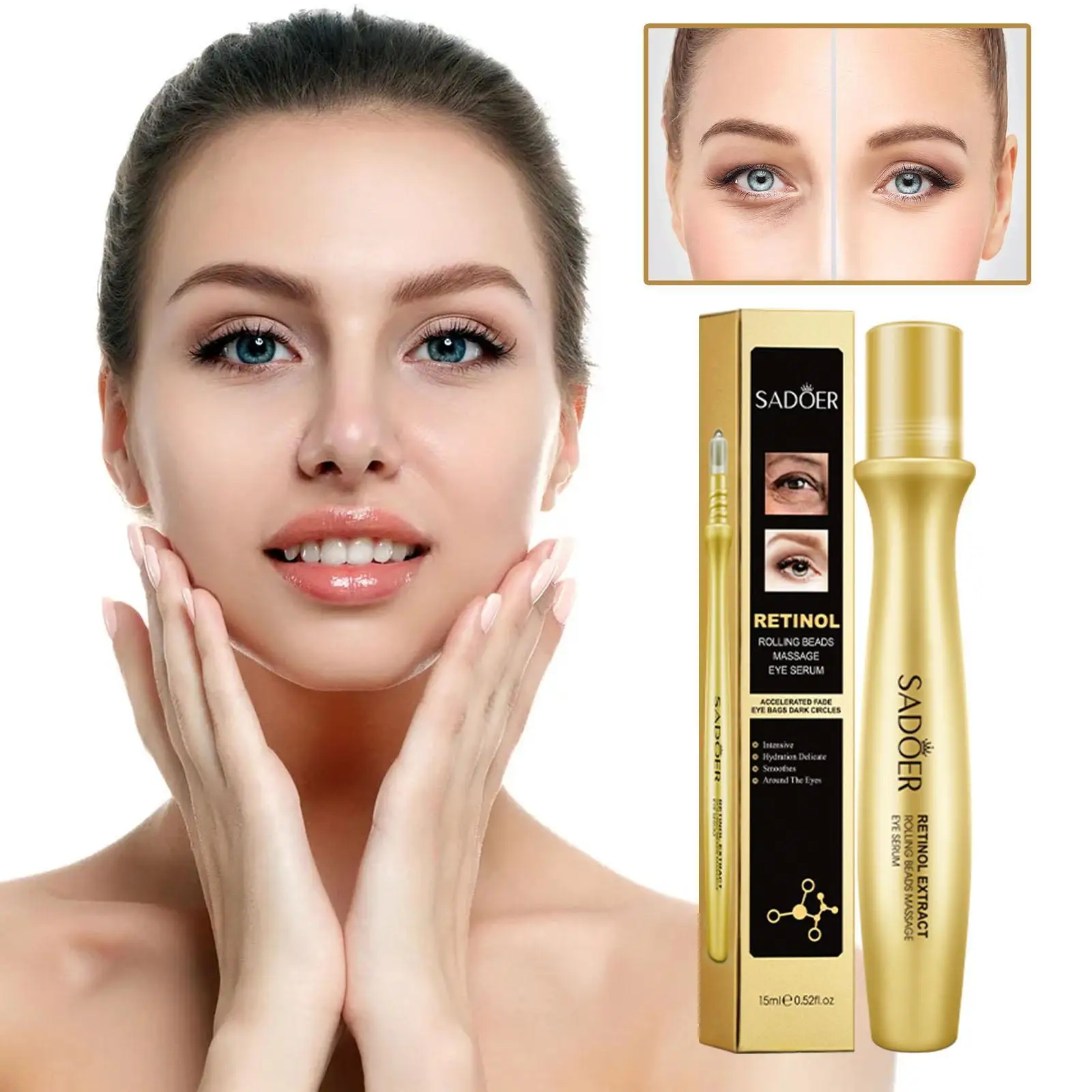 24K Gold Bright Eye Roller Eye Cream Hydrating Moisturizing Eye Serum Eye Care Dark Circles Removal Anti Eye Bags 15ml