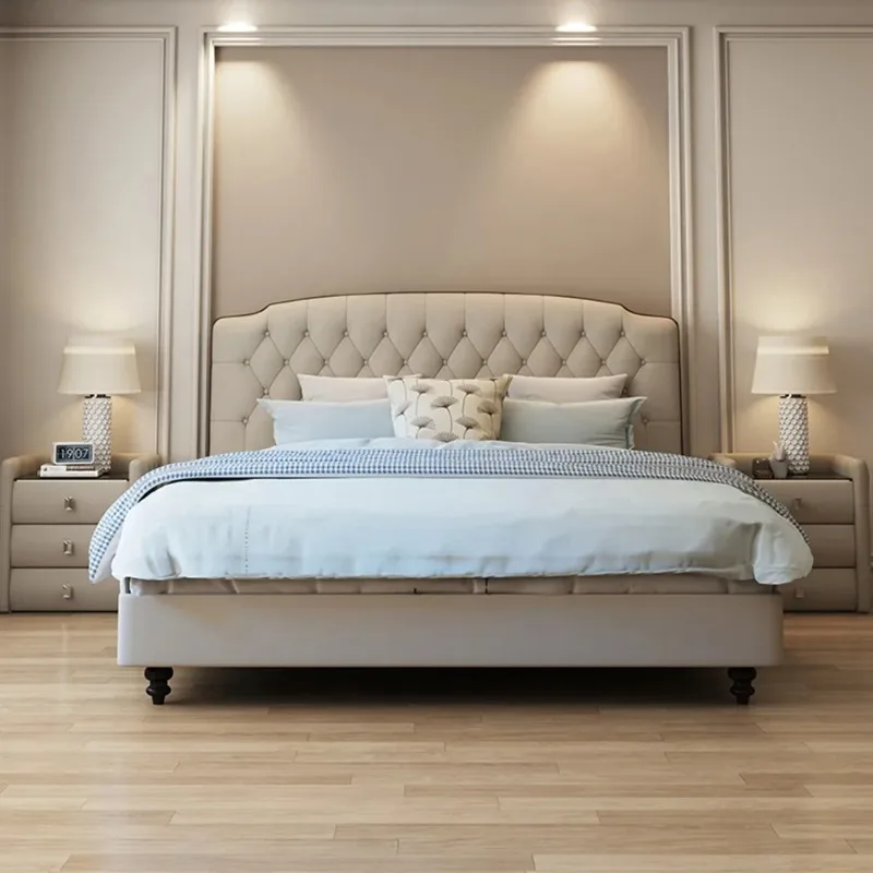 

Upholstered Queen King Size Bed 2 People Frame Hotel Headboard Bed Full Size Adults 180x200cm Double Home Bedroom Furniture