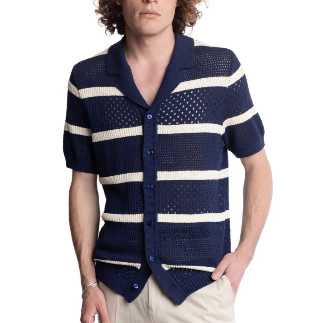 European American Summer Men Color-coded Striped Short Sleeve Turn-down Collar Knitted Hollow Out Simple Basic Shirt Cardigan