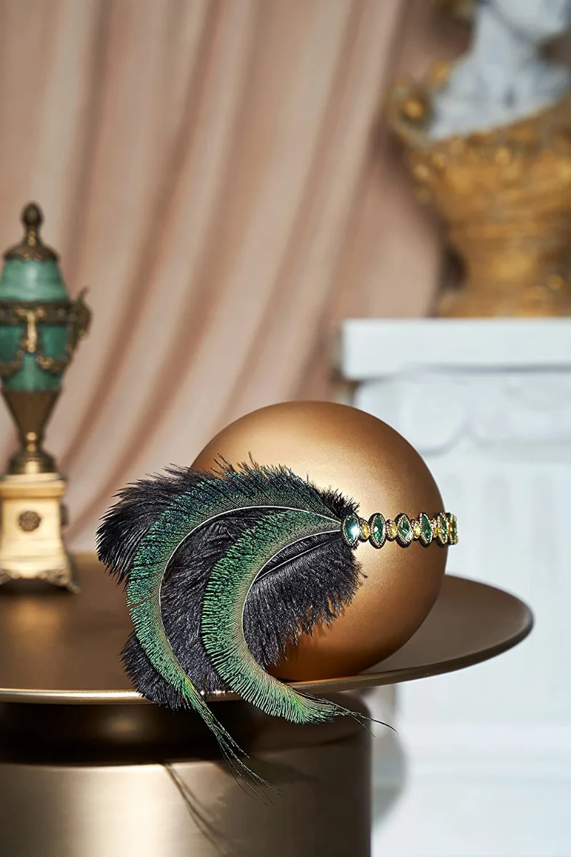 1920s Gatsby Feather Flapper Headband Roaring 20s Headpiece Gatsby Ostrich Feather Headpiece with Crystal