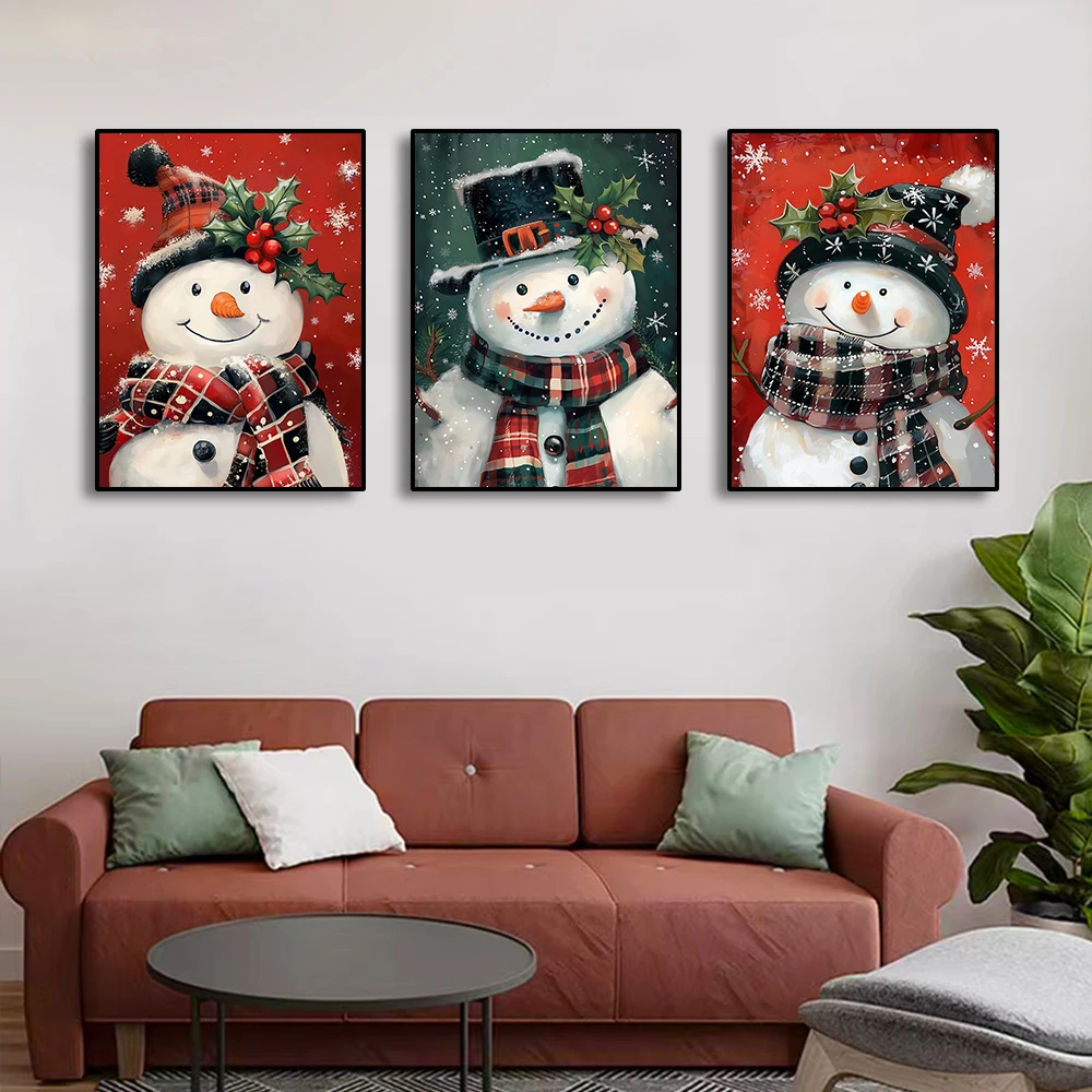 Cute Snowman Canvas Painting Merry Christmas Aesthetic Picture Print Wall Art Posters Home Living Room Decoration Christmas Gift