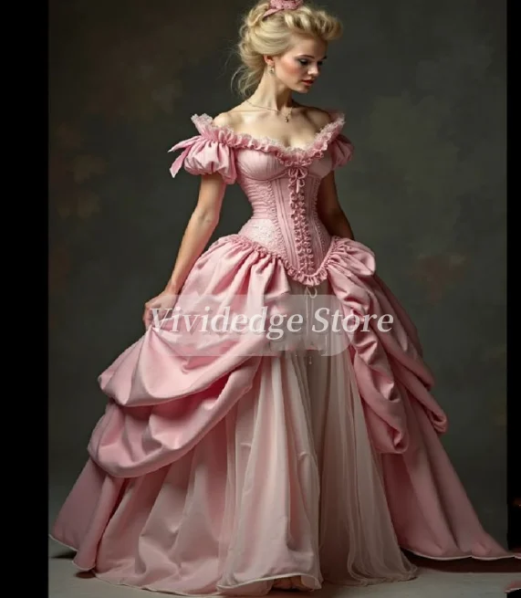 

Customized Vintage Pink Strapless Short Sleeve Victorian Prom Dresses Corset Strappy Back A-Line Dresses Long Evening Gowns