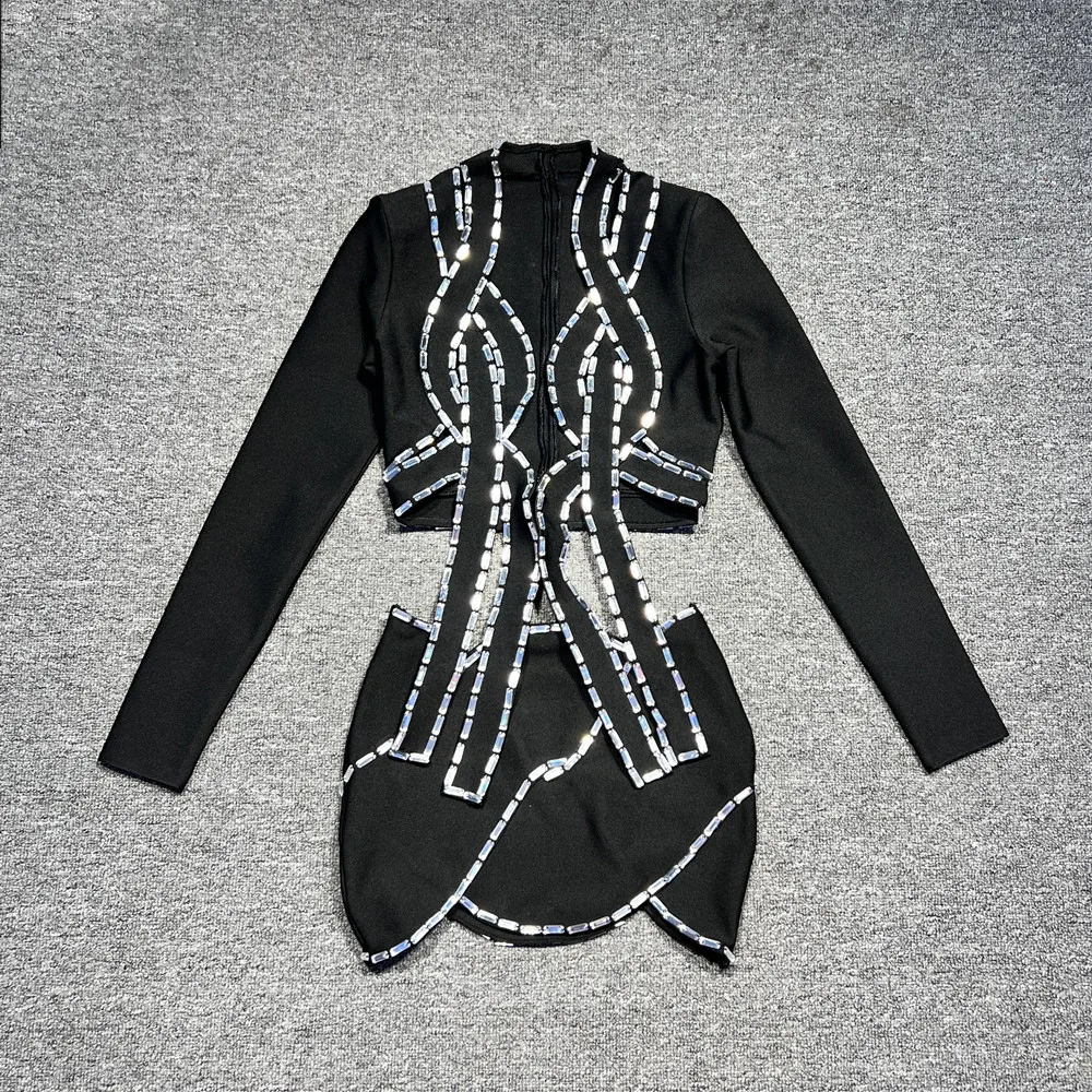 Neu angekommen Shinning Strass Sexy Langarm Aushöhlen Bandage Mini Kleid Frauen Nachtclub Party Feiern Geburtstag Tragen