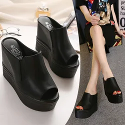 FHC14cm High Heels Wedges Sandals,Summer Shoe,Platforms Slides,Peep Toe Slippers,Microfiber Leather Slip On,Black,White,Dropship