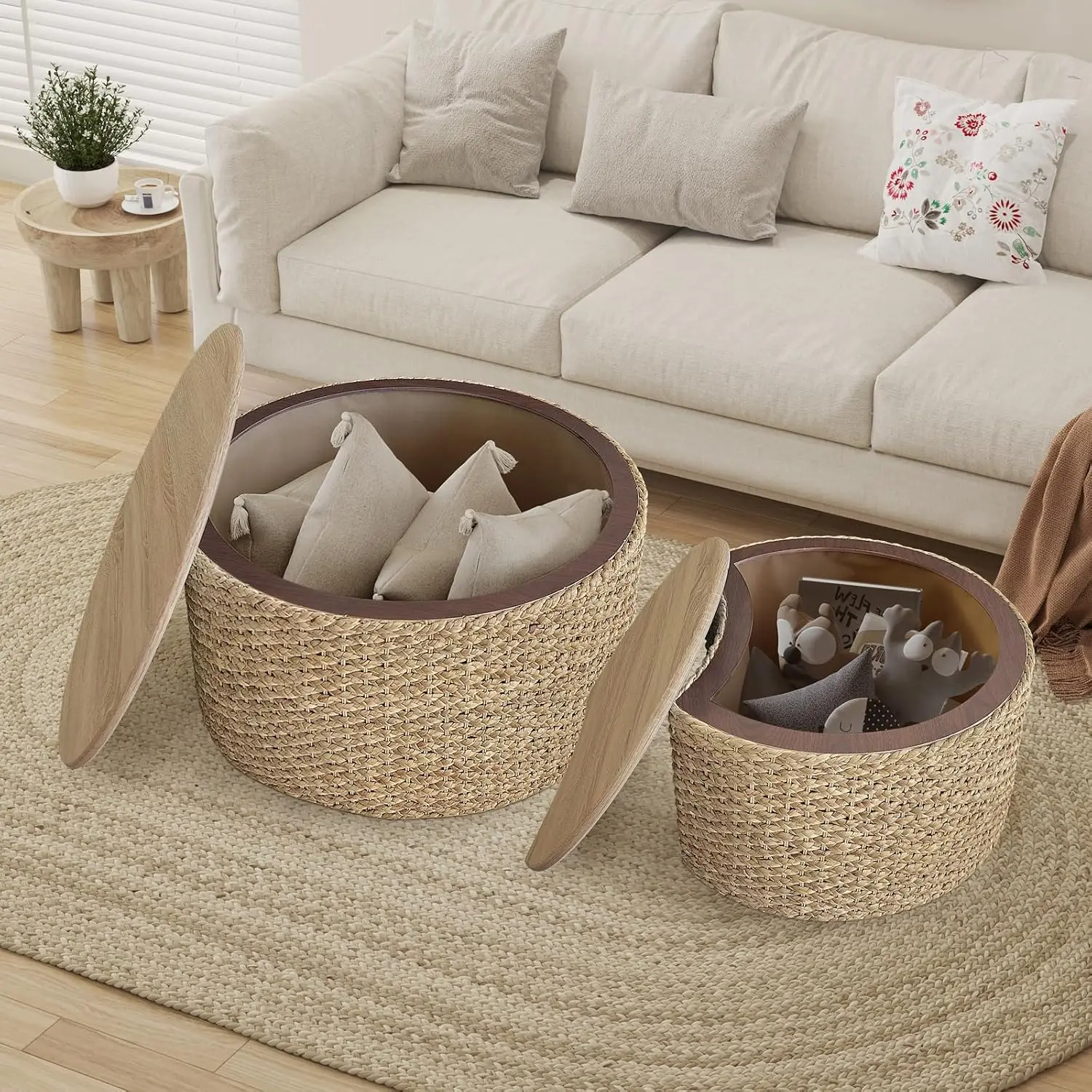 Round Nesting Coffee Table Set 2 Storage Handwoven Wicker Rattan Ottoman Boho Living Room Cover & Wood Frame, Customized