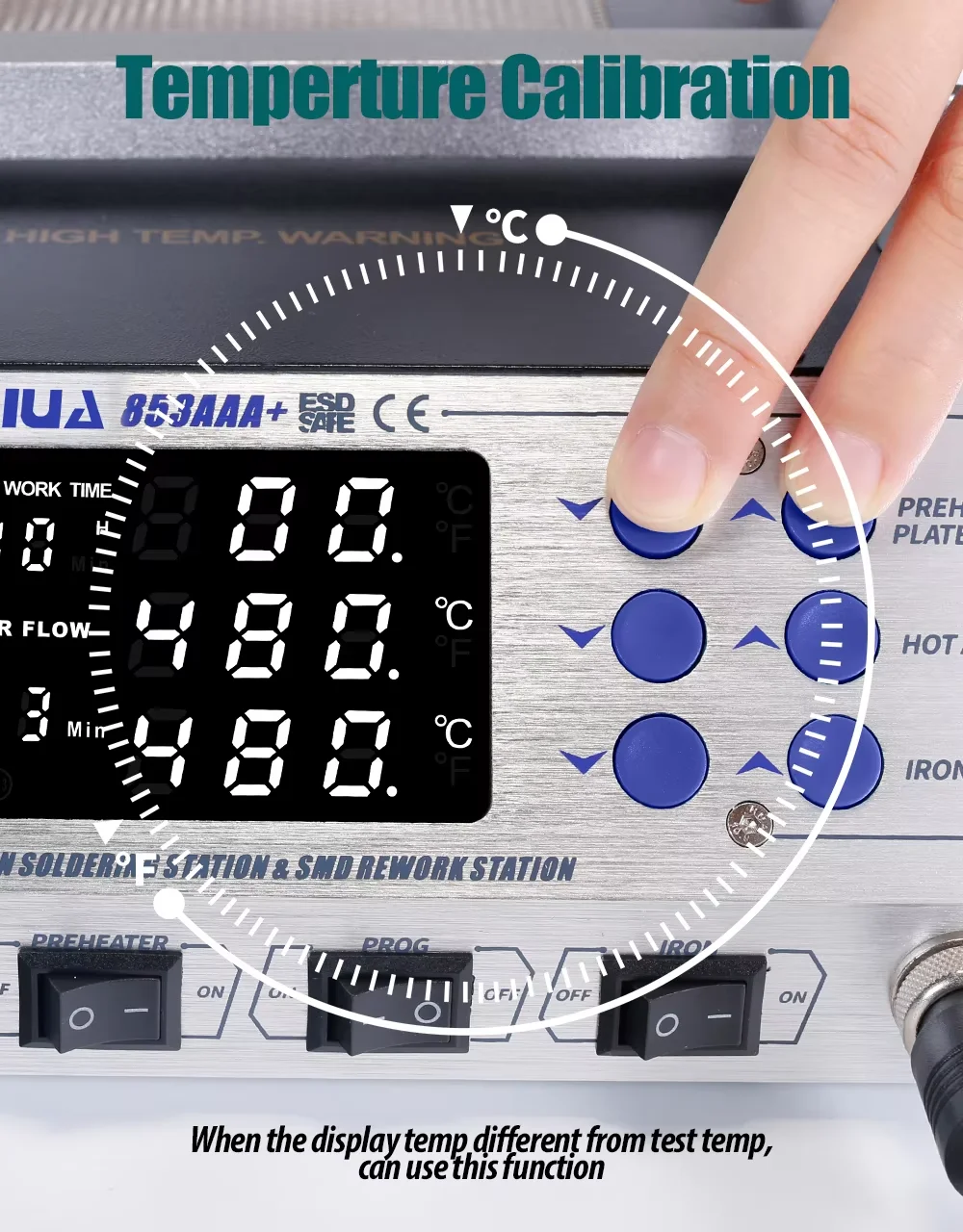 

YIHUA 853AAA+ Digital Soldering Station 60W Ceramic Heater No Wind Protection °C/°F Switchable