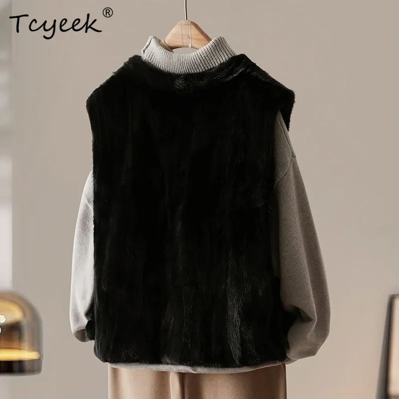 Kamizelka z prawdziwego futra norek Tcyeek, damska odzież zimowa, ciepły płaszcz bez rękawów z prawdziwego futra, nowość w kategorii płaszczy, patchworkowa kamizelka damska z futra norek, fourrure femme.
