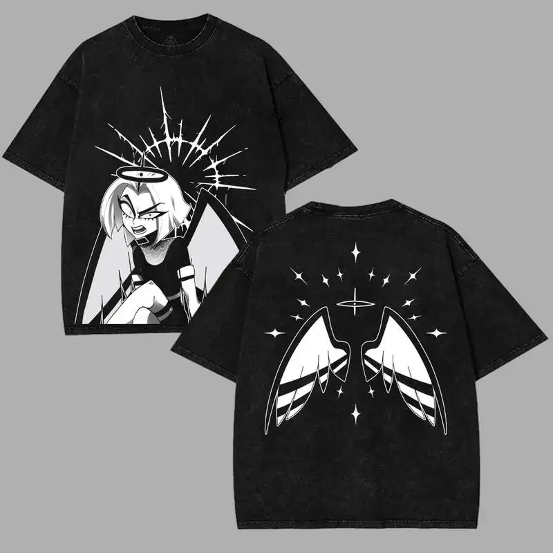 Anime Hazbin Hotel T-shirt For Men Women Clothing Charlie Graphic Short Sleeve Tees Tops Vintage Washed Oversized Cotton T Shirt